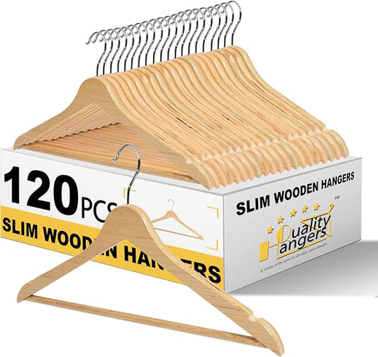 Quality Hangers Premium Slim Wooden Hangers 120 Pack - Thin Space Saving Hangers with 360 Degree Swivel Hook & Shoulder Groves Types of Clothing – Natural (120, Natural)