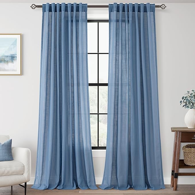 Denim Blue Curtains for Living Room Back Tab Modern Farmhouse Semi Sheer Blue Curtains 86 inches Long 2 Panels Set Muted Neutral Window Curtain for Dining Room Bedroom 52x86