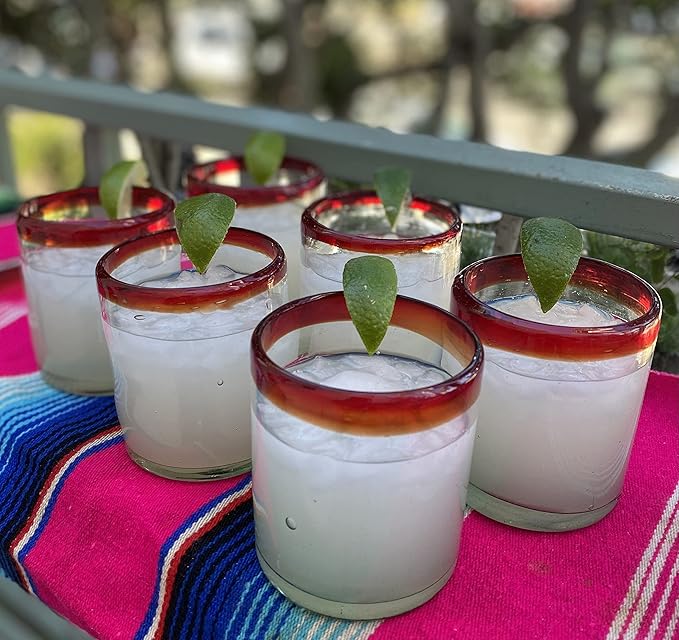 Dos Sueños Hand Blown Mexican Drinking Glasses - Set of 6 Tumbler Glasses with Red Rims (10 oz each)