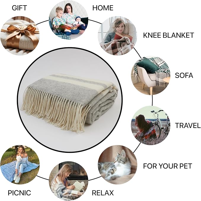 | Wool Blanket/Throw | 100% New Zealand Wool | Perfect for Home and Outdoors | Virgin Wool Blanket with Fringes 55"x79" (140 x 200 cm)