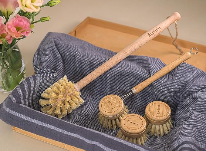 ECOLULU Natural Bamboo Dish Brush & Wood Bottle Brush for Wide Mouth Bottles, Cups and Jars, 2 Replacement Heads included (4 units total) Biodegradable, Eco Friendly Products