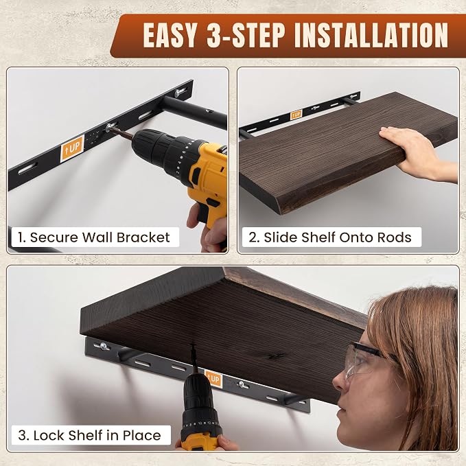48" Live Edge Floating Shelf, Solid Elm Wood Wall Shelf | 1.4" Extra Thick, 9.3" Deep Heavy Duty, FSC Certified Brown Finish for Bedroom, Kitchen & Bathroom Storage