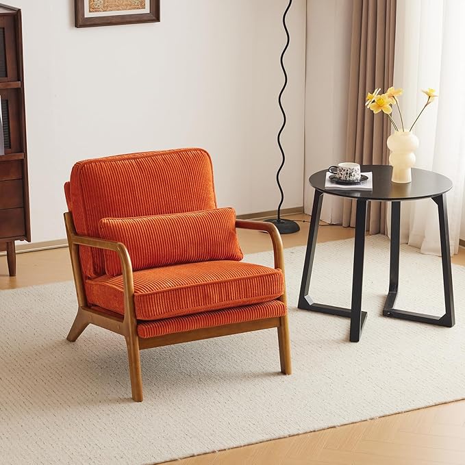 Karl home Mid-Century Modern Accent Reading Chair, Orange | Corduroy Upholstered, Solid Wood Frame, Soft Cushion, Lumbar Pillow, Lounge Armchair for Living Room, Bedroom, Balcony, Study