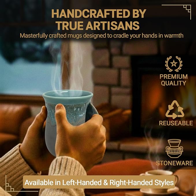 Clay in Motion Hand Warmer Coffee Mug – Handmade Coffee Mug With Comfortable Handle Contoured Pocket Hand Warming Ceramic Coffee Mug – Proudly Made in USA – Right Handed – 14 Oz - Riverstone