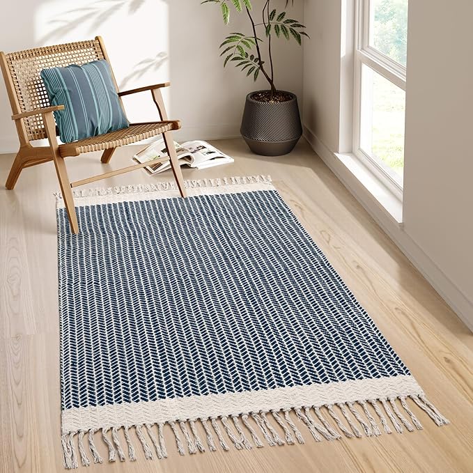 Lahome Belle Boho Bedroom Rug, 3x5 Kichen Rugs for Entryway Living Room Woven Washable Carpet with Tassels, Farmhouse Lightweight Navy Blue Non Shedding Floor Carpet for Bedroom Laundry