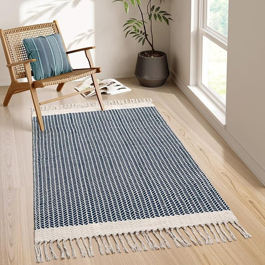 Lahome Belle Boho Bedroom Rug, 3x5 Kichen Rugs for Entryway Living Room Woven Washable Carpet with Tassels, Farmhouse Lightweight Navy Blue Non Shedding Floor Carpet for Bedroom Laundry