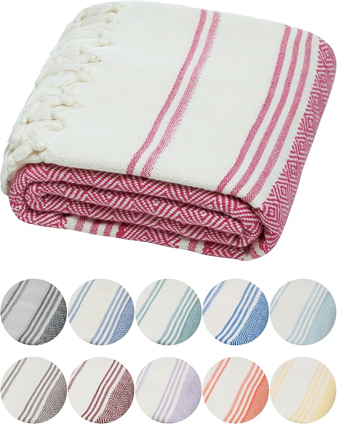 DEMMEX Oeko-TEX Certified Turkish Cotton Beach Towel - Extra Large, Sand Free, Quick-Drying - Thin Light Travel-Friendly Peshtemal Towel - Prewashed, Diamond Weave, 71x36'' (Fuchsia)