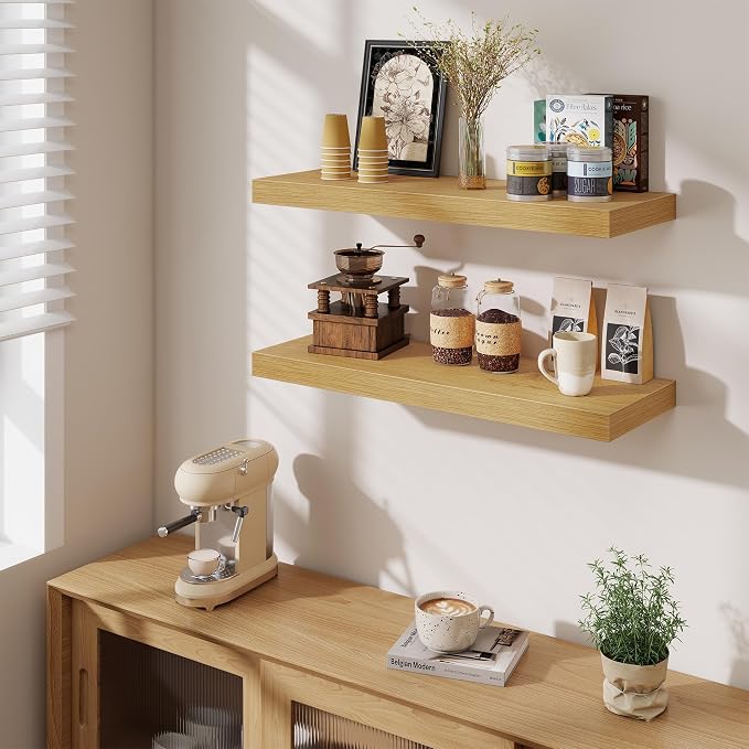 Fun Memories Floating Shelves for Wall, 30 Inch Long Floating Shelves Set of 3, 30 x 10 Wooden Shelves for Wall, Large Storage Shelves, Hanging Shelves for Bathroom Kitchen Bedroom, Oak