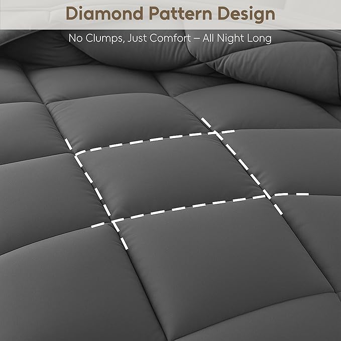 LUX Décor Lightweight Comforter Queen Size - Soft Breathable Down Alternative Diamond Stitched, All Season Grey Comforter with Double Stitched Piping, Oeko-TEX