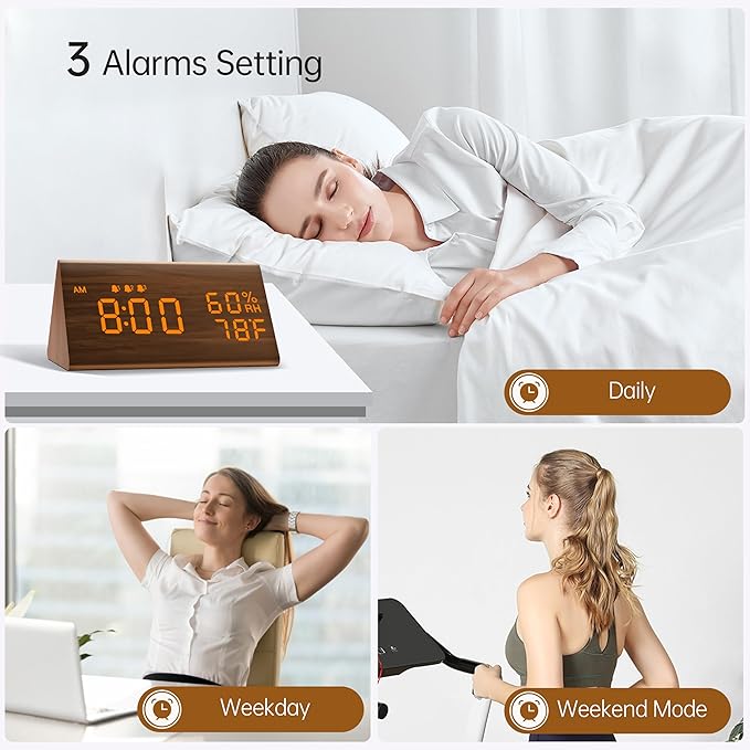JALL Wooden Digital Alarm Clock for Bedroom, 3 Alarms with Large Numbers, Humidity and Temperature Display, 6-Level Dimmer, Snooze, Loud Desk Clock for Heavy Sleepers, Plug in (Brown)