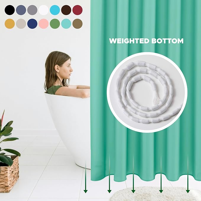 Biscaynebay Quality Fabric Shower Curtain Liners 72 Inch by 72 Inch, Teal Water Resistant Bathroom Curtains Rust Resistant Grommets & Weighted Bottom Hem Machine Washable