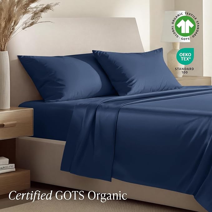 Bare Home 100% Organic Cotton Twin Sheet Set - 400 Thread Count - Smooth Sateen Weave - Breathable & Cooling - Hotel Luxury Set - Deep Pocket Bed Sheets (Twin XL, Dark Blue)