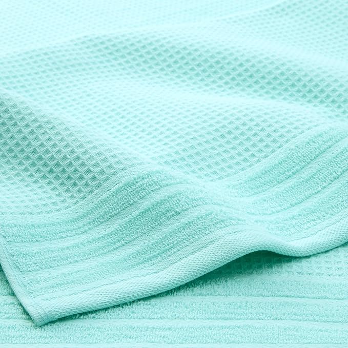 Town & Country Basics 4-Piece Waffle Woven Terry Stripe Bath Towel Set, 30x56-Inch, 100% Cotton, Quick Dry, Aqua
