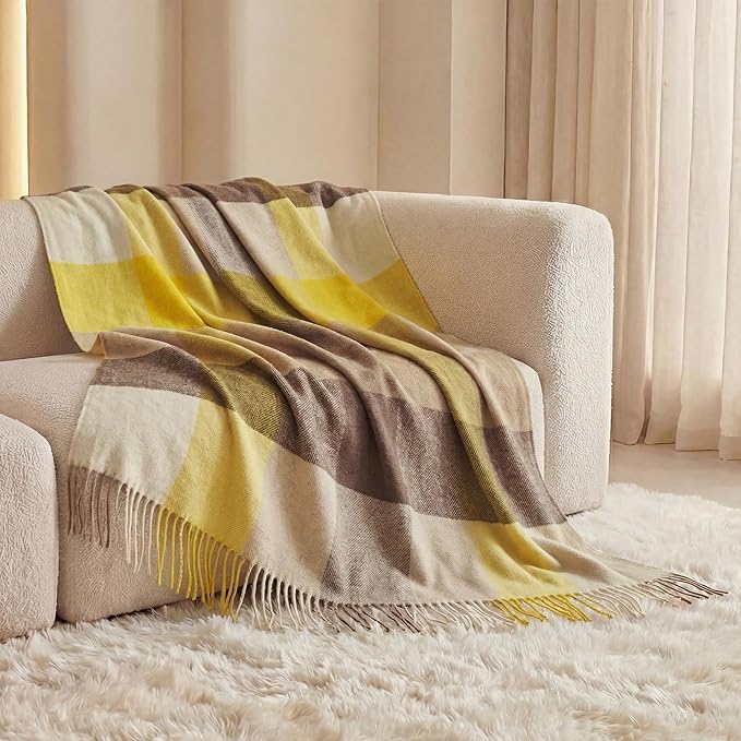 Soft Pure Wool Throw Blanket, Lightweight Warmth, 55"x83", Plaid, Fringe, Compact with Bag, Useful Gift for Women Men, All Season Decorative Cozy Travel Blanket for Couch Bed, Outdoors