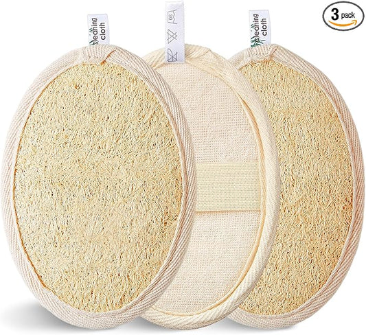 Reemix Natural Loofah Exfoliating Body Scrubber 3-Piece Oval Set - Gentle Face & Body Scrub Sponge, Eco-Friendly Bath Shower Tool for Smooth Skin, Travel-Friendly Design