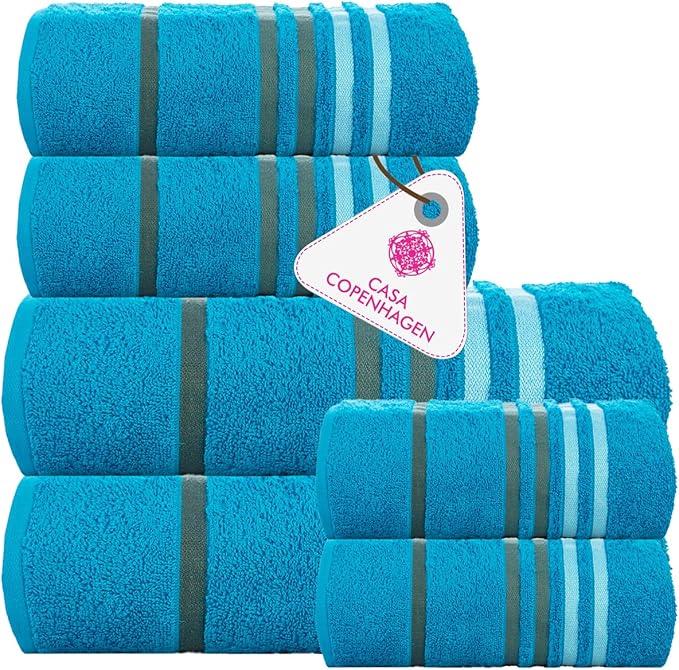 CASA COPENHAGEN Exotic 6Pcs 100% Egyptian Cotton Towels Gift Set- Teal, 550GSM, 2Bath 2Hand 2Washcloths, Towels for Bathroom (Box Pack, Set for Women & Men)