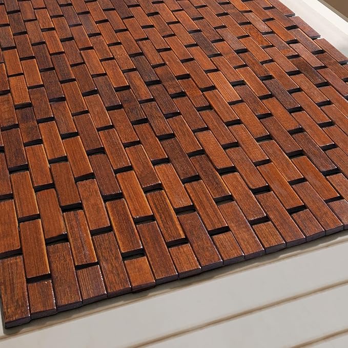 Bath Mat for Luxury Shower, Non-Slip Bamboo Sturdy Waterproof Bathroom Carpet for Sauna Spa Steps Decor and Accessory, Brown, 24" x 36"
