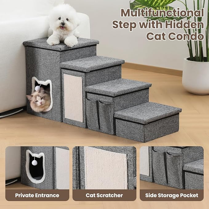 Pet Steps for Small Dogs, 4-Step Non-Slip Pet Stairs for Cats, Dog Stairs with Storage,Cat Stairs for Bed with Condo Cat Scratcher, Arthritis-Friendly, Grey