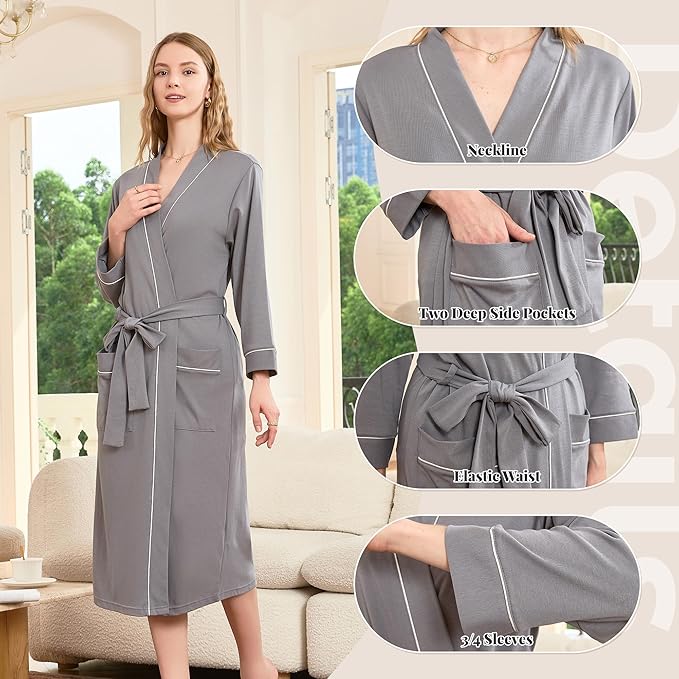 HEARTNICE Womens 100% Cotton Robe, Soft Kimono Spa Long Bathrobe Lightweight Loungewear