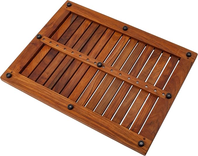 Nordic Style Premium Teak Shower and Bath Mat for Indoor and Outdoor Use - Non-Slip Wooden Platform for Spa, Sauna, Pool, Hot Tub - Flooring Decor and Protector (Oiled Finish, 23.62" x 17.75")