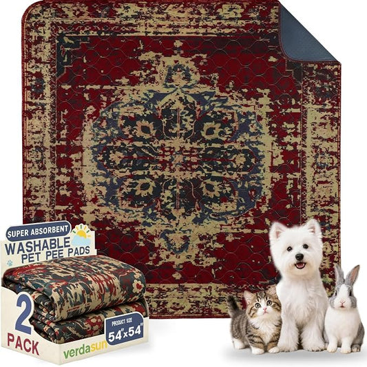 Washable Pee Pads for Dogs, Reusable Puppy Potty Training Pads, Ultra-Absorbent Thick Waterproof Leak-Proof Non-Slip Pads & Mat for Crate, Playpen, Floor, Whelping & Housebreaking , 2 Pack 54"x54"