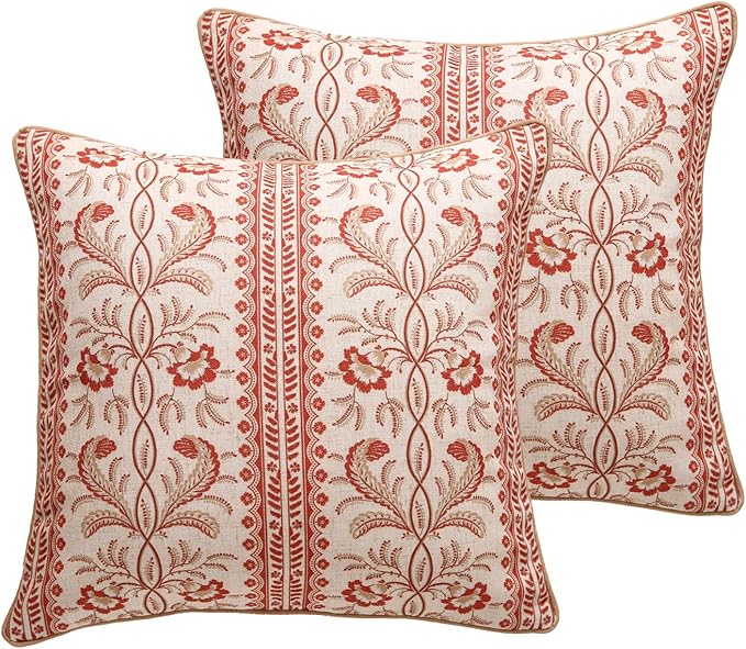 ISAENNE Design Euro Linen Square Throw Pillow Covers 18"x18" Pack of 2, French Country Cushion Covers with Orange Morris Floral Pattern Decoration Pillowcases for Bed, Living Room, Outdoor, Car
