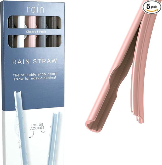 Rain Straw - Easy Clean Reusable Drinking Straws That Snap Open for Easy Cleaning - No Cleaning Brush or Cleaner Needed - Eco Friendly BPA Free 10.5" long Plastic Straws for Tumbler (Classic, 5 Pack)
