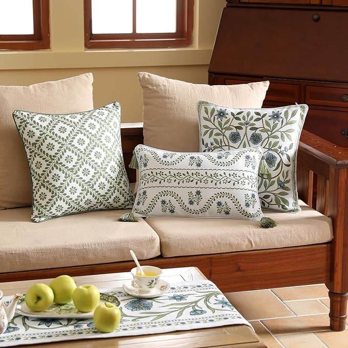 ISAENNE Design Fresh Linen Rectangular Throw Pillow Covers 12"x20" Pack of 2, French White Cottage Cushion Covers with Green Branches Pattern Decoration Pillowcases for Bed,Living Room,Outdoor,Car