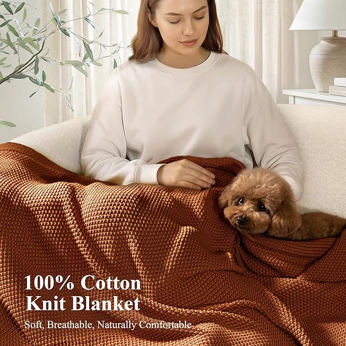 100% Cotton Cable Knit Throw Blanket, Large Lightweight Soft Knit Blanket for Sofa Couch Bed, Breathable All-Season Throw, Cozy Decorative Blanket, 60 x 80 Inch,Burnt Orange