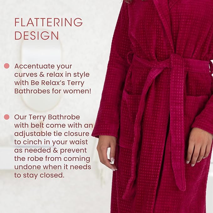 Be Relax Bathrobe for Women - Full Length Terry Cotton Robe with Shawl Collar and Hood, Warm and Cozy Robe with Belt & Pocket