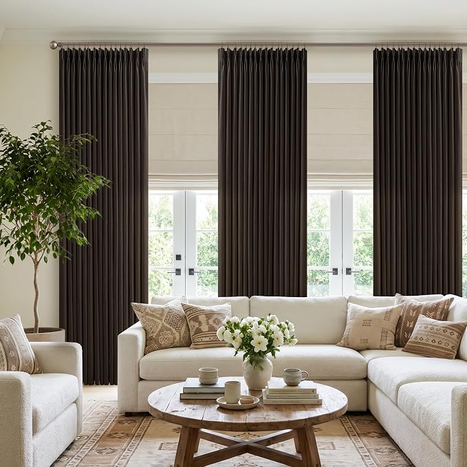 Dark Chocolate 96 Inch Pinch Pleated Linen Curtains 2 Panels Set for Living Room Bedroom Boho Farmhouse Light Filtering Semi Sheer Back Tab Pinch Pleat Hooks Rings Window Curtain 96 Inches Long