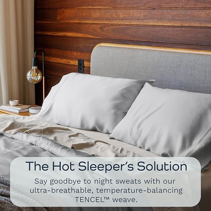Olive + Crate Tencel Eucalyptus Pillowcases - 100% Tencel Lyocell Cooling Pillow Cases for Hot Sleepers - Hypoallergenic, Moisture-Wicking, Silk Alternative, Vegan - Queen Size Set of 2 [Gray Mist]