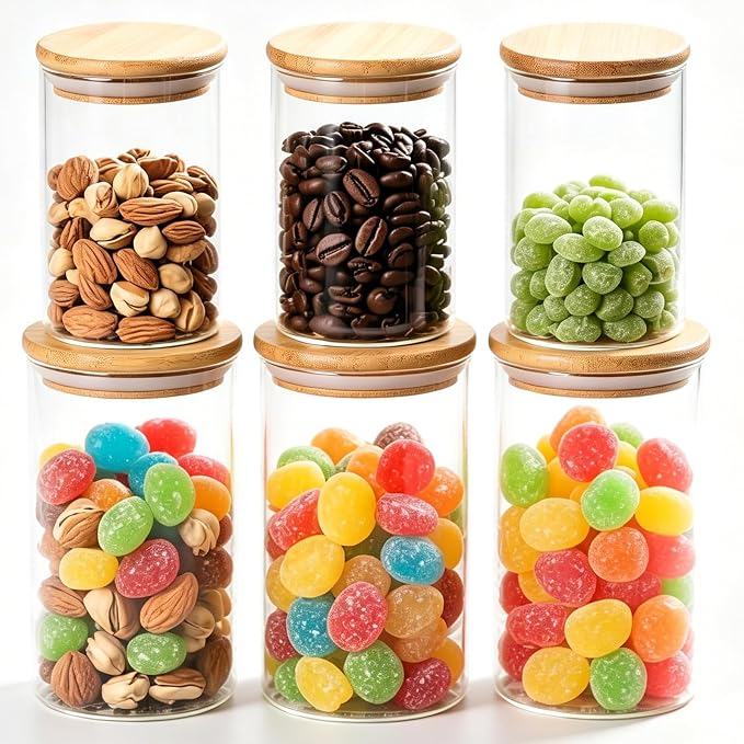 12 Glass Canisters for Food Storage Glass Spice Jars Airtight Bamboo Lids | 36oz [Set of 6] and 17oz [Set of 6] Apothecary Jars, Pantry Organizers and Storage for Overnight Oats, Coffee, Candy, Flour
