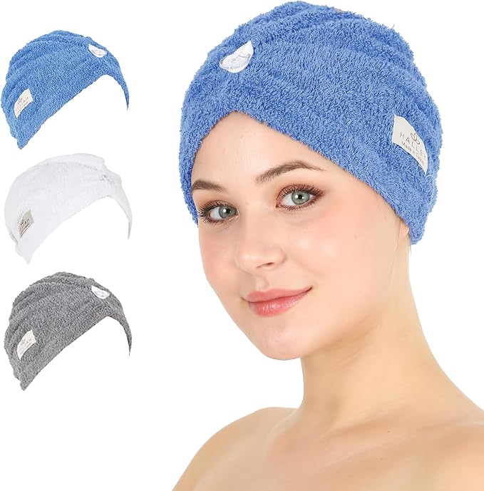 HALLEY Cotton Hair Towel Wrap (3 Packs) Super Absorbent Fast Drying Hair Towel for Thick Hair Turbans for Wet Hair with Button (Blue, White, Grey)