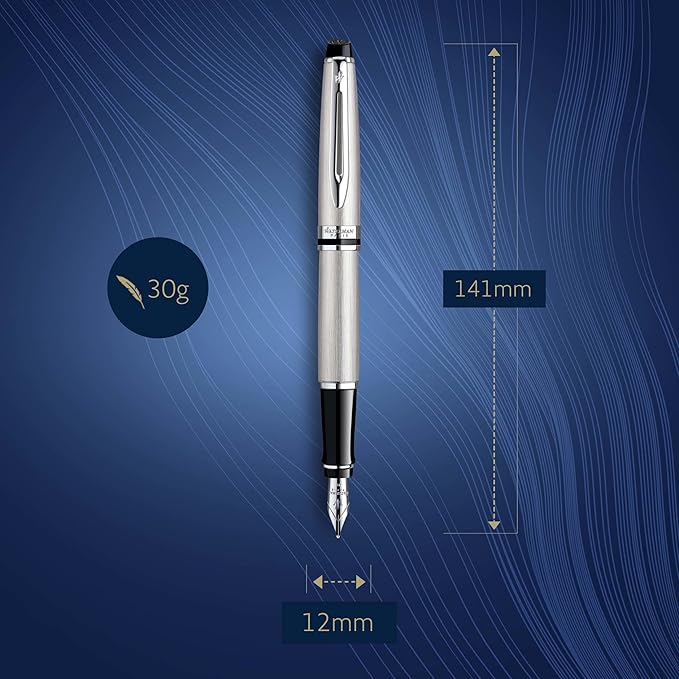 Waterman Expert Fountain Pen, Stainless Steel with Chrome Trim, Medium Nib with Blue Ink Cartridge, Gift Box