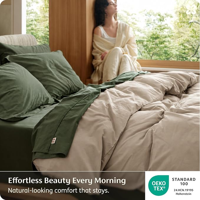 Bedsure Duvet Cover Queen Size - 100% Washed Cotton, Linen-Like Minimalist Bedding - PureWoven Plain Soft Comforter Cover for All Seasons, 1 Duvet Cover Only (Frosted Almond, 90" x 90")