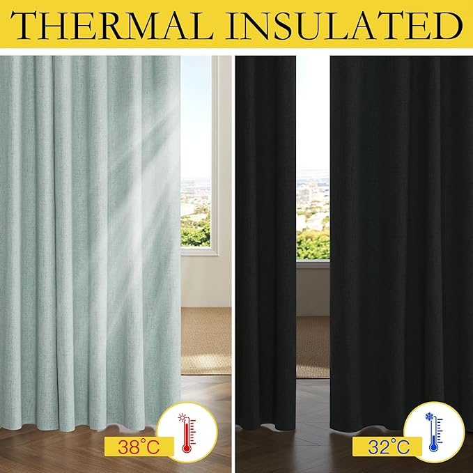 NICETOWN Linen Blackout 108 inch Curtains for Living Room 2 Panels, Thermal Insulated Curtains with Grey Liner, Farmhouse Style Drapes Ceiling to Floor for Large Window (Seafoam Green, 52" Wide Each)