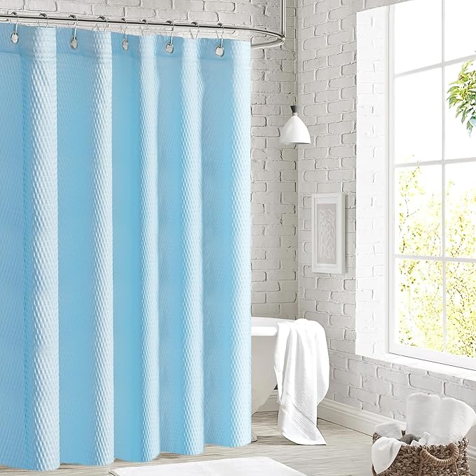 Tititex Solid Sky Blue Cloth Fabric Shower Curtain Liner with 2 Magnets - Texture Soft Hotel Quality Waterproof Shower Liner, Light-Weight & Machine Washable 72x72 inch