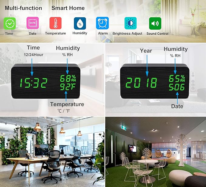 Wooden Alarm Clock Modern Wood Clock Digital Electronic Desk Clock LED Display Time Date Temperature Humidity Voice Control 3 Alarms 3 Brightness for Home Office Kids (Black,Green)