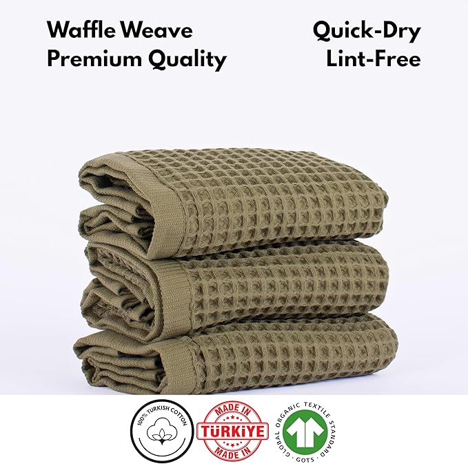 PÜSKÜL - Set of 3 Organic Waffle Hand Towel Khakie - Premium Quality, 100% Turkish Cotton, Soft, Quick-Dry, Absorbent, Lint-Free Face Kitchen Hand Towels (Khaki Green, Hand Towels - Pack of 3)