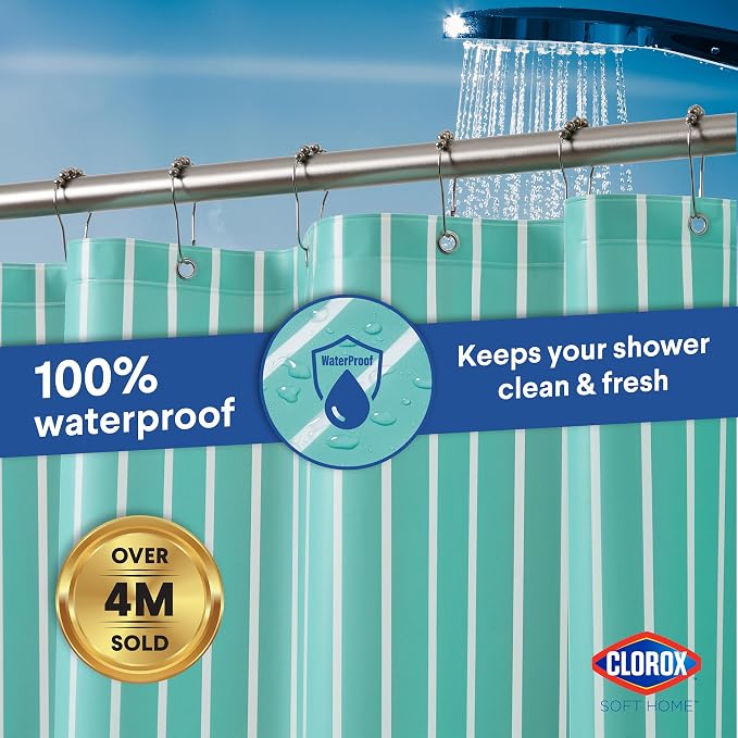Clorox Shower Curtain Liner, Premium Striped Medium-Weight Durable Waterproof 6g PEVA for Bathroom with Weighted Magnets, Printed Standard Size 72" x 72", Aqua