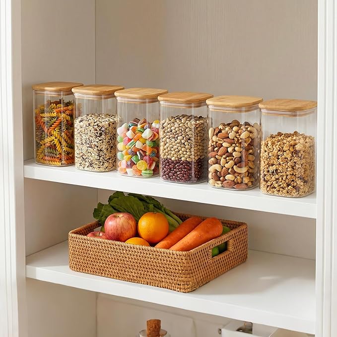 Moretoes 6 Pack 1.2qt Square Glass Storage Containers with Bamboo Press Lids, Airtight Pantry Storage Jars for Flour, Sugar, Dry Goods