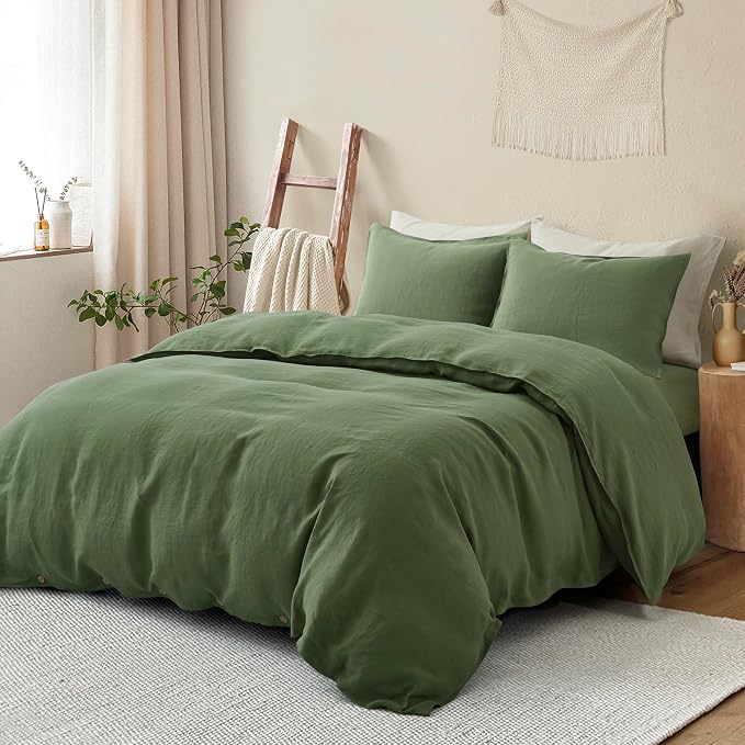 ATLINIA 100% Flax Linen Duvet Cover Set - Stone Washed Pure French Linen Organic Fabric for Farmhouse Comforter Boho Bedding Included 1 Duvet Cover 2 Pillow Shams(Green, California King)