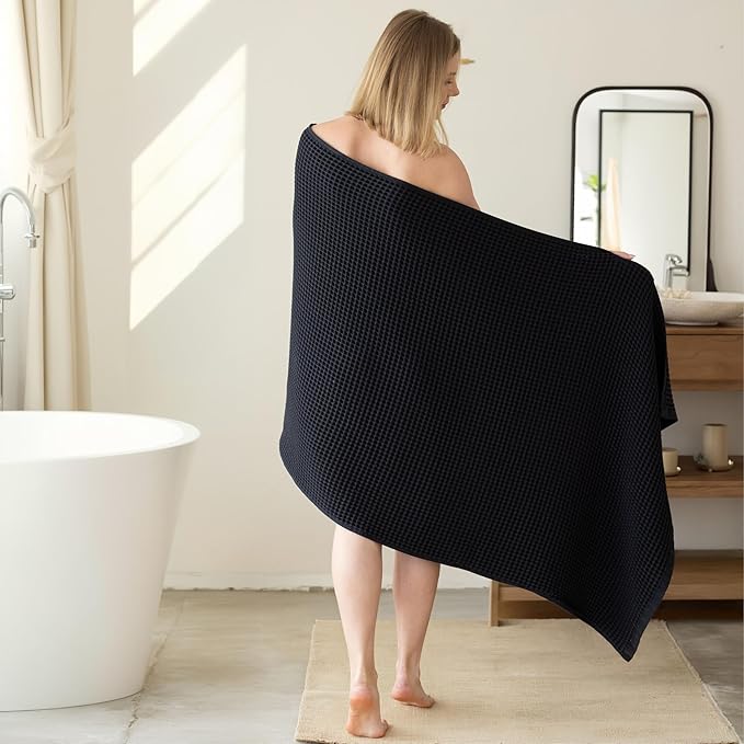 Premium Black Waffle Bath Towels Pack of 2 Extra Large 35x71 inch - 100% Turkish Cotton, Waffle Weave, Quick Dry, Lint Free, Oversized, Thin Bath Sheet Towel (Black, Set of 2 Bath Towels)