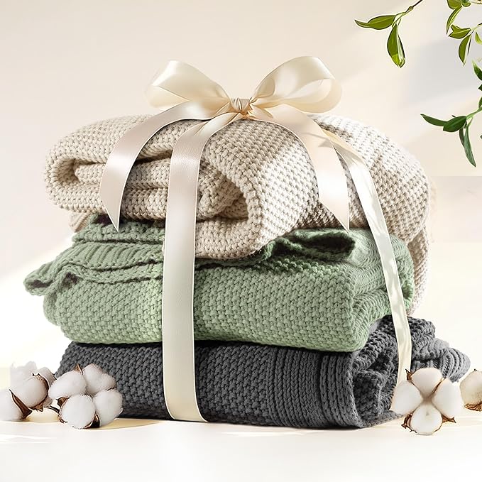 100% Cotton Cable Knit Throw Blanket, Large Lightweight Soft Knit Blanket for Sofa Couch Bed, Breathable All-Season Throw, Cozy Decorative Blanket, 60 x 80 Inch,Linen