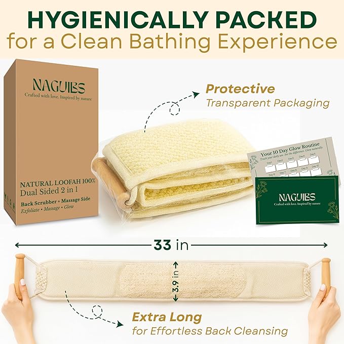 Premium Egyptian 100% Natural loofah with Handle Back Scrubber for Shower and Massage exfoliating Body Scrubber loofah for Men and Women Back Scratcher washers for Shower loofa Clean Your Back Deeply