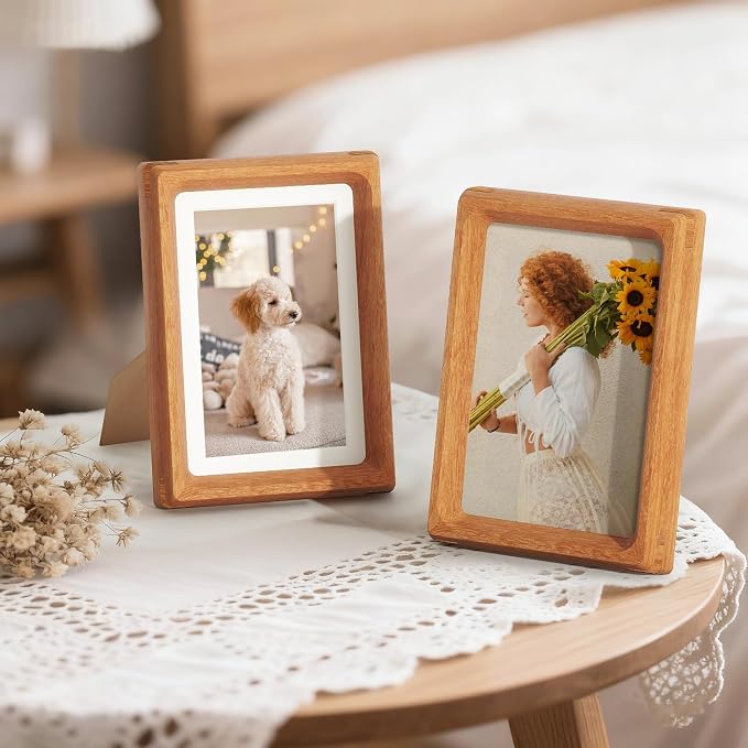 4x6 Picture Frame Set of 2, USA-Sourced Teak Wood Photo Frames with HD Tempered Glass, Handcrafted Rounded Corner 4 x 6 Wooden Frame Matted to 3.5x5 Photos, 4x6 Frames, Tabletop or Wall Display