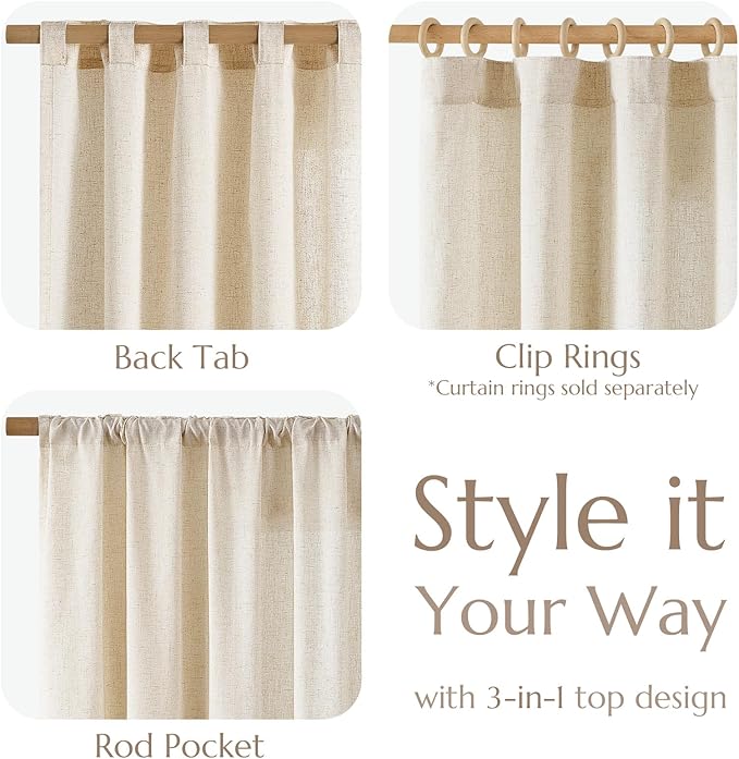 jinchan Beige Linen Blend Curtains 90 Inches Length 2 Panels for Bedroom Living Room, Light Filtering 60 Inches Wide Natural Farmhouse Drapes with Rod Pocket Back Tab (60W x 90L, Ecru)