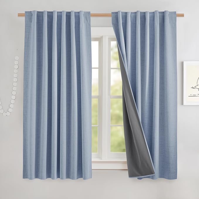 NICETOWN Short 100% Blackout Curtains 63" Long, Burlap Linen Drapes with Thermal Insulated Grey Liner, Keeping Out Cold Air and Heat Panels for Kitchen, Cafe Bar (Set of 2, 52" Width, Stone Blue)