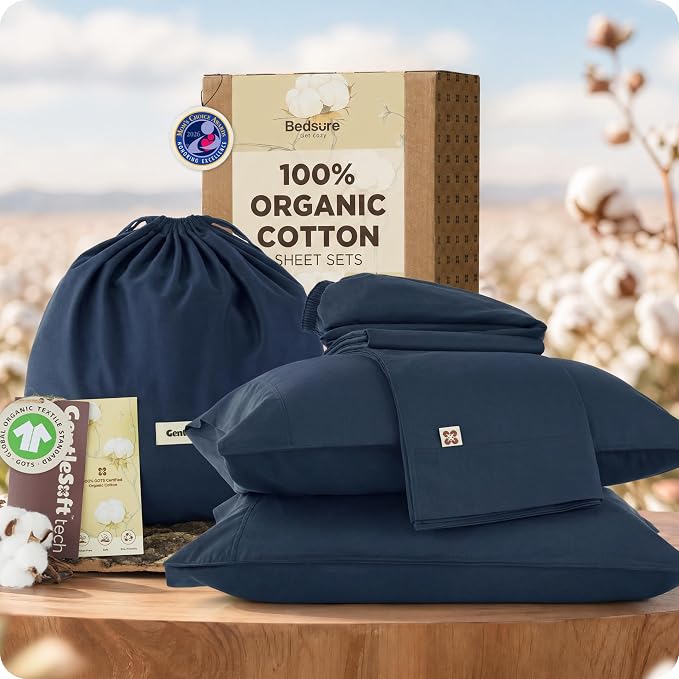 Bedsure 100% GOTS Certified Organic Cotton Sheets, Full Size Sheets, 16" Deep Pocket Bedsheets with Corner Straps, Eco-Friendly, Soft & Luxury PureWoven Cotton Hotel Bedding, Navy